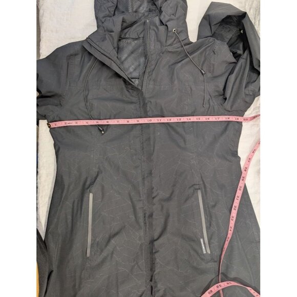 Modetta womens size Medium black geometric rain jacket wind breaker, hood zip T8 - Picture 11 of 14